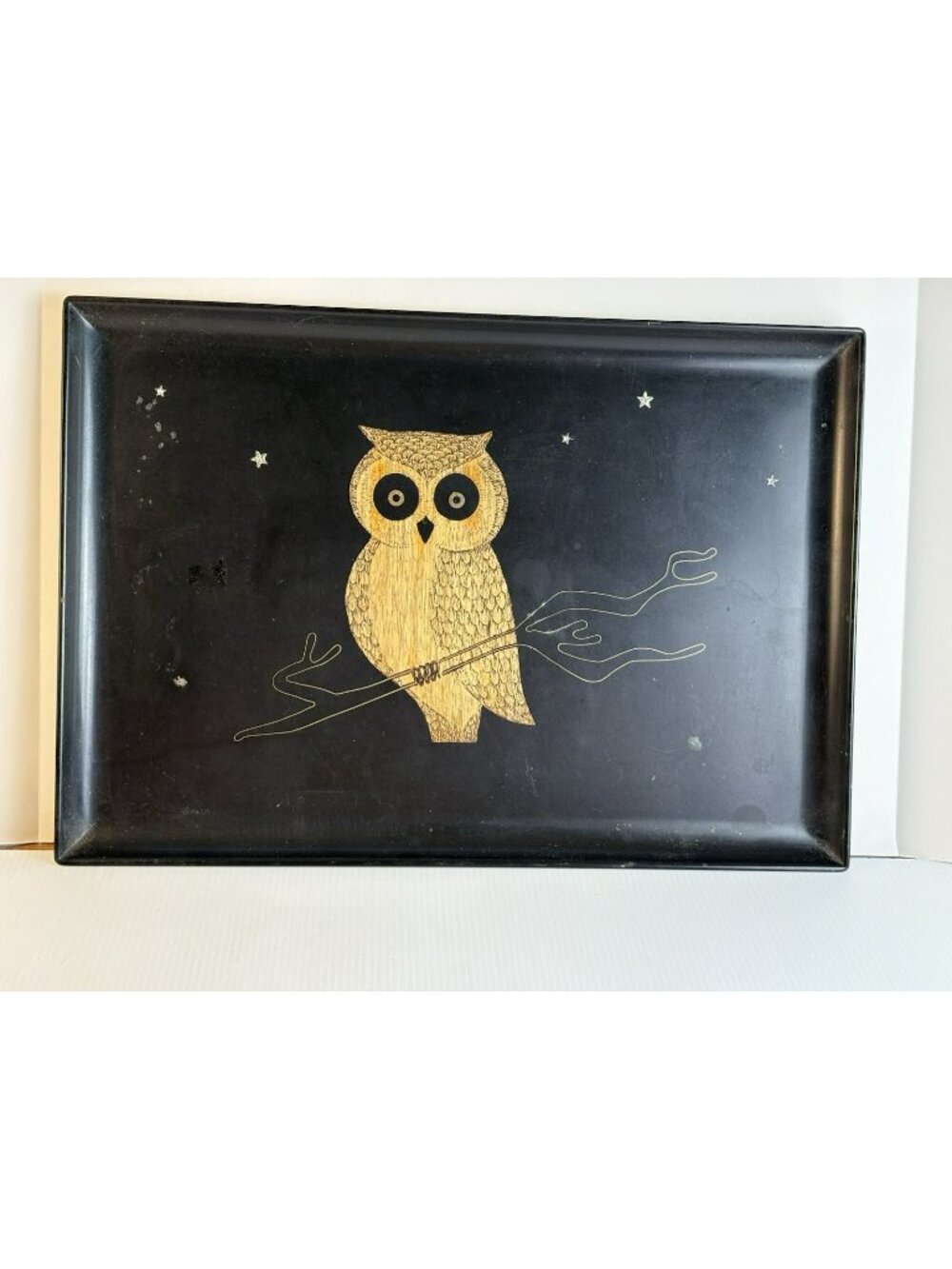 Mid Century Owl on Tray VTG Couroc Of Monterey Tray Stars Black Gold Inlay 18”